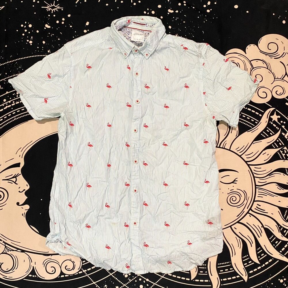 Cactus Man by Ricky Singh Button-Down Shirt Men M White Slim Pinstripe Flamingo